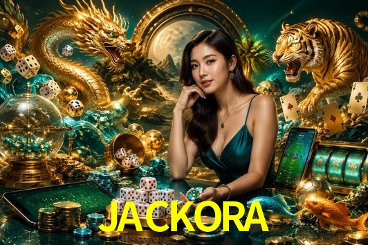 Una escena digital vívida inspirada en casino con JACKORA mostrado prominentemente, luces brillantes, fichas, cartas y acentos dorados.