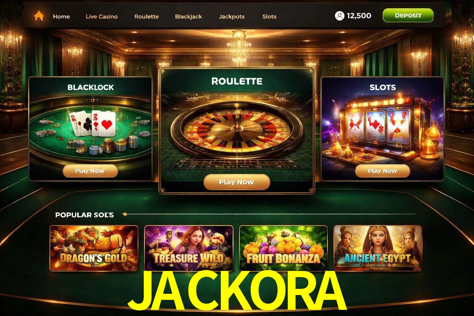 Vista de la plataforma JACKORA Casino mostrando categorías organizadas de juegos en línea